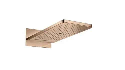 Kopfbrause in Polished Red Gold mit rechteckigem Design und drei Strahlarten, montiert an einer Wand, mit AXOR-Logo sichtbar.